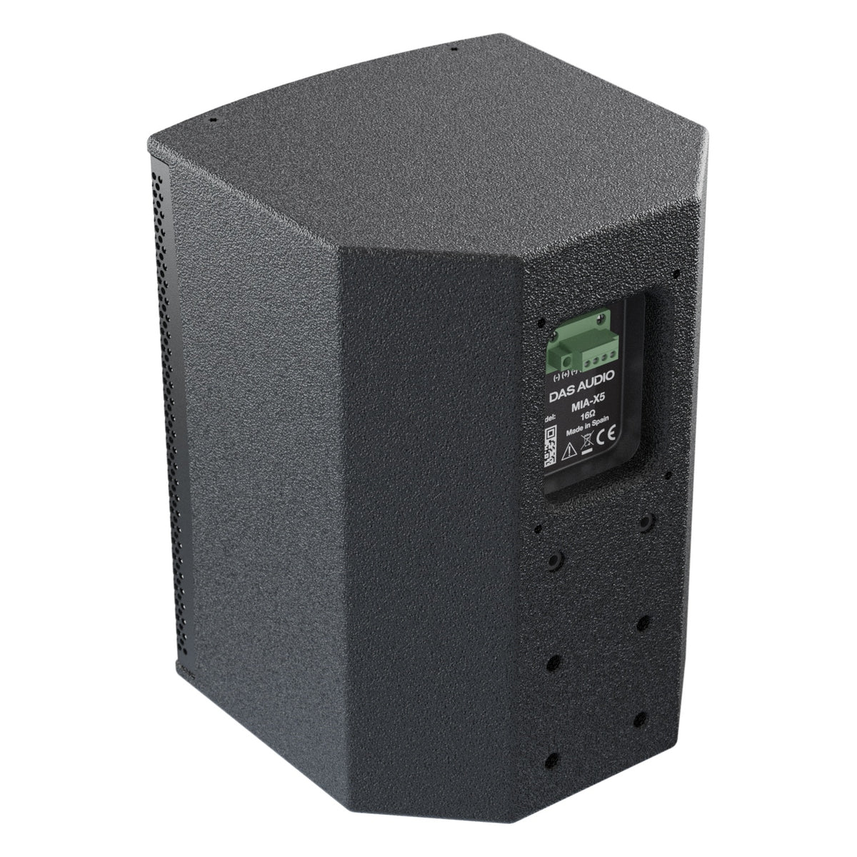 MIA-X5 5-inch passive coaxial speaker, rear three-quarter view showing angled textured black cabinet, terminal panel and rear mounting points, DAS Audio