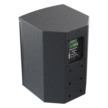MIA-X5 5-inch passive coaxial speaker, rear three-quarter view showing angled textured black cabinet, terminal panel and rear mounting points, DAS Audio