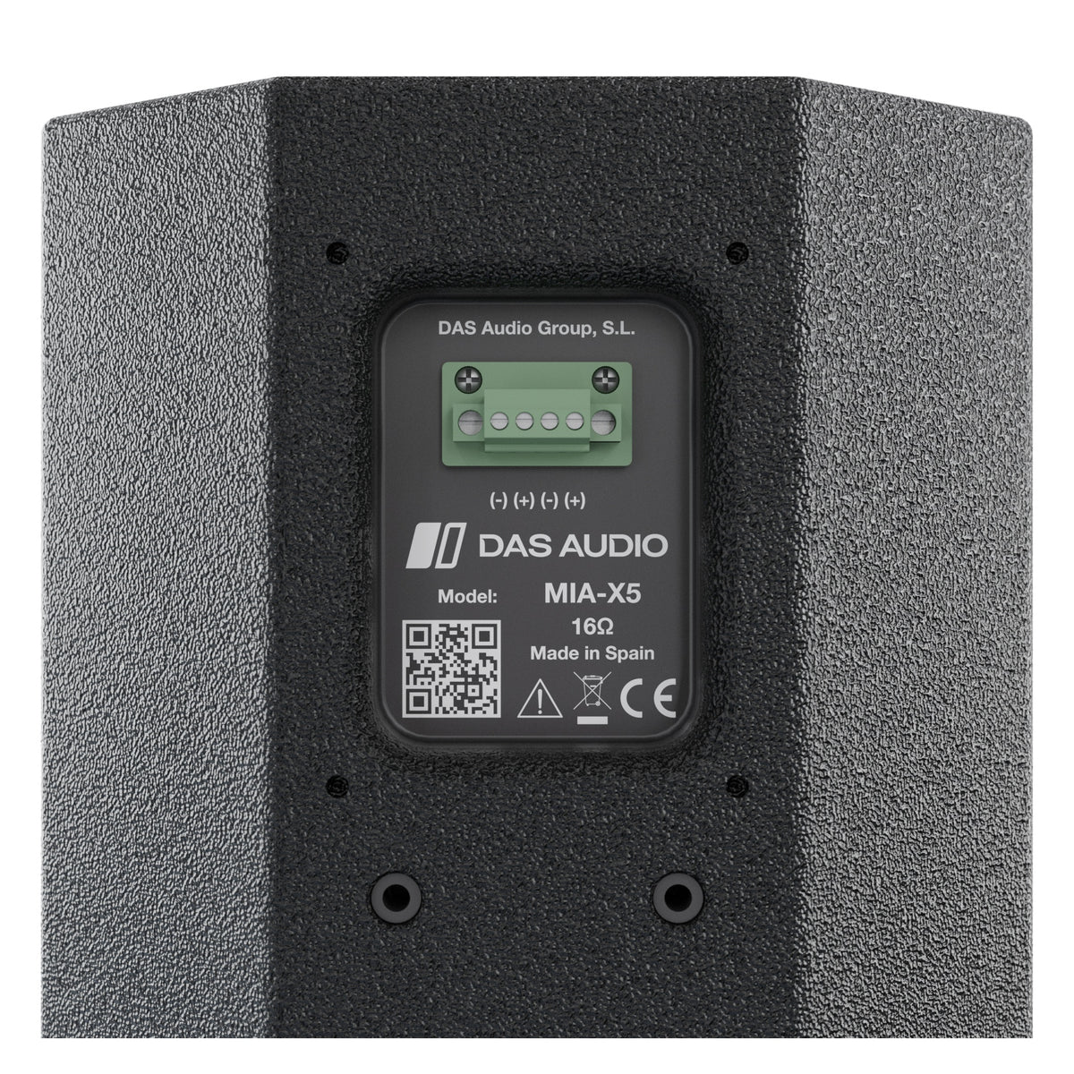 MIA-X5 rear connector panel close-up showing green screw terminal block with polarity markings, 16 ohm label, QR code and CE mark, DAS Audio