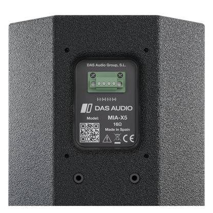 MIA-X5 rear connector panel close-up showing green screw terminal block with polarity markings, 16 ohm label, QR code and CE mark, DAS Audio