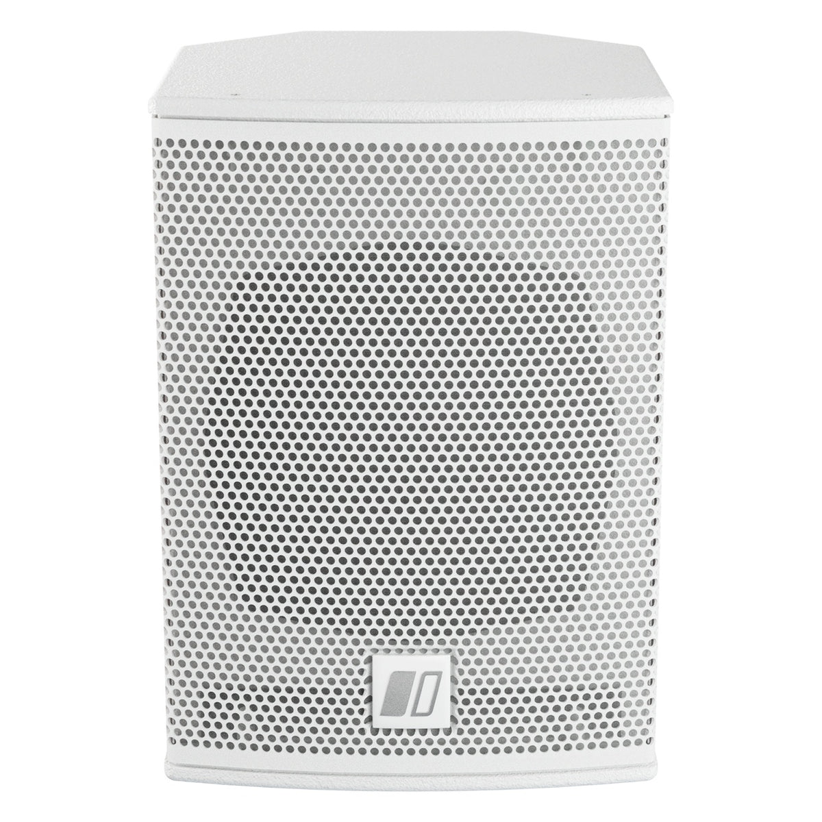 MIA-X5 white 5-inch passive coaxial speaker, straight front view with full perforated grille and centered logo plate, DAS Audio