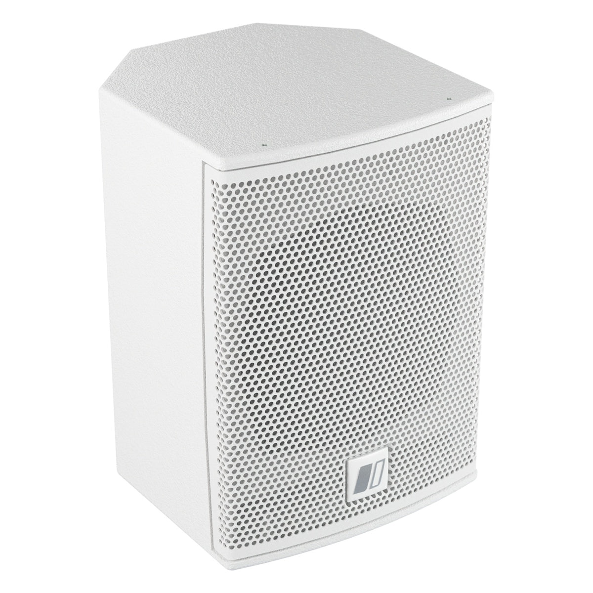 MIA-X5 white 5-inch passive coaxial speaker, front three-quarter view from the right showing angled top panel and perforated grille, DAS Audio