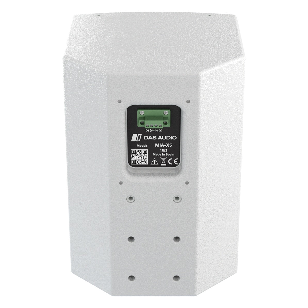 MIA-X5 white 5-inch install speaker, rear view showing green 4-pole Phoenix terminal connector, recessed label panel and threaded mounting inserts, DAS Audio