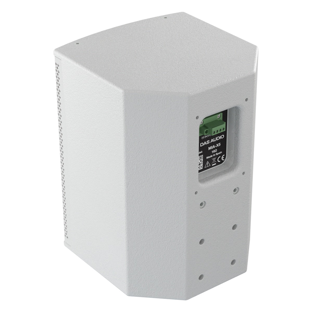 MIA-X5 white 5-inch install speaker, rear three-quarter view showing recessed terminal panel and mounting points on the angled back, DAS Audio