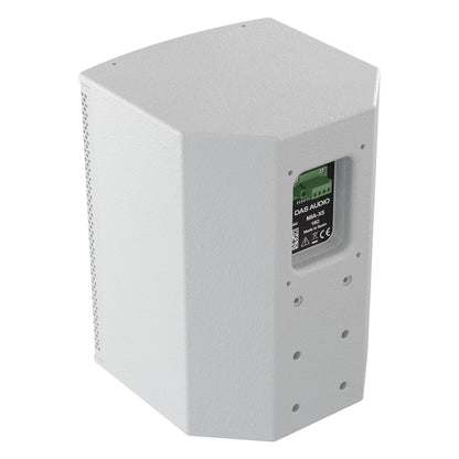 MIA-X5 white 5-inch install speaker, rear three-quarter view showing recessed terminal panel and mounting points on the angled back, DAS Audio