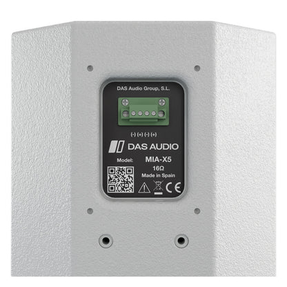 MIA-X5 rear panel close-up showing green screw terminal block with polarity markings, 16 ohm label, QR code and CE mark, DAS Audio