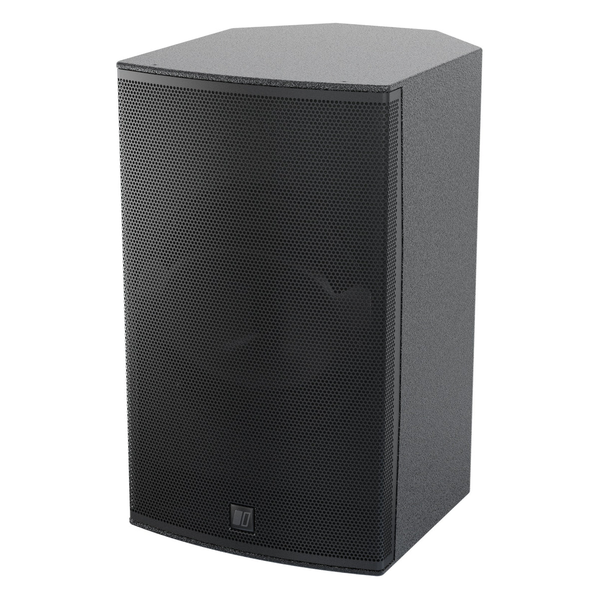 MIA-X10 10-inch coaxial install speaker three-quarter view from the left showing perforated black grille and textured cabinet, DAS Audio