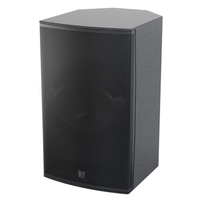 MIA-X10 10-inch coaxial install speaker three-quarter view from the left showing perforated black grille and textured cabinet, DAS Audio