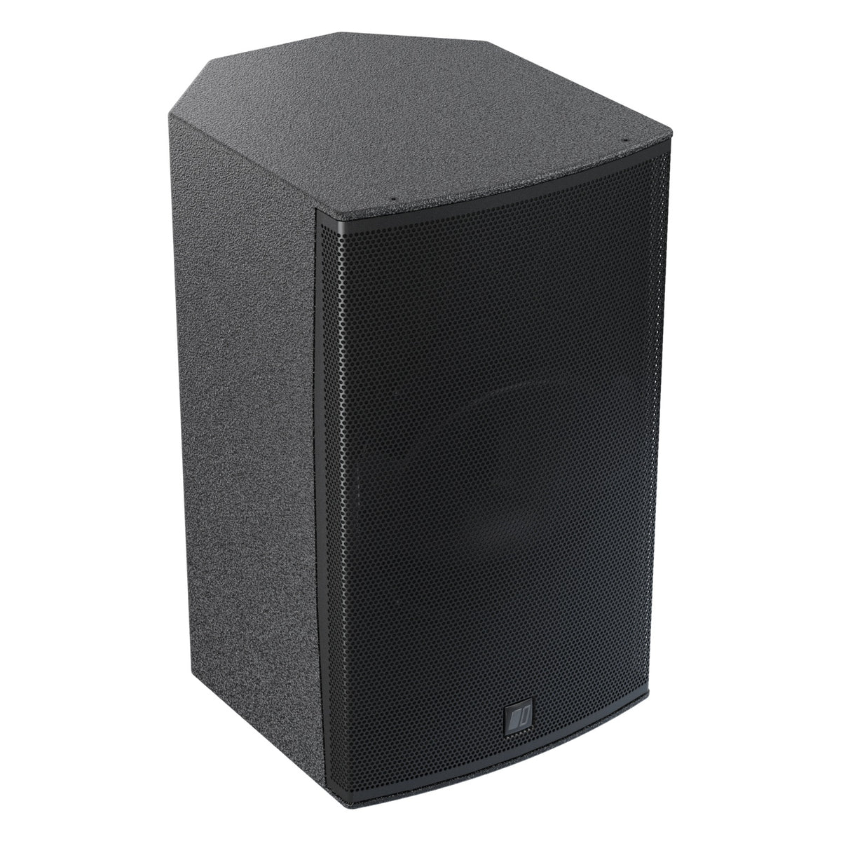 MIA-X10 10-inch coaxial install speaker three-quarter view from the right showing trapezoidal cabinet, textured top panel and grille, DAS Audio