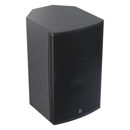 MIA-X10 10-inch coaxial install speaker three-quarter view from the right showing trapezoidal cabinet, textured top panel and grille, DAS Audio