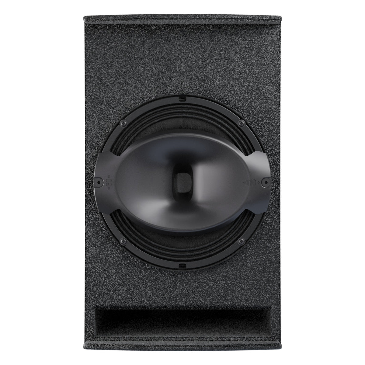 MIA-X10 10-inch coaxial install speaker with grille removed showing the woofer, central coaxial horn and bass reflex port, DAS Audio