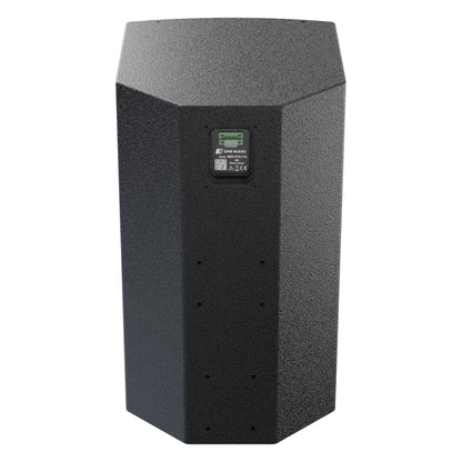 MIA-X10 10-inch coaxial install speaker rear view of the angled textured cabinet with green terminal connector panel, DAS Audio