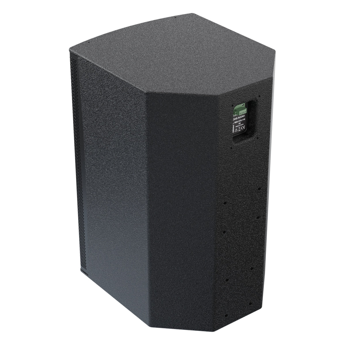 MIA-X10 10-inch coaxial install speaker rear three-quarter view showing the recessed green terminal plate and threaded mounting points, DAS Audio