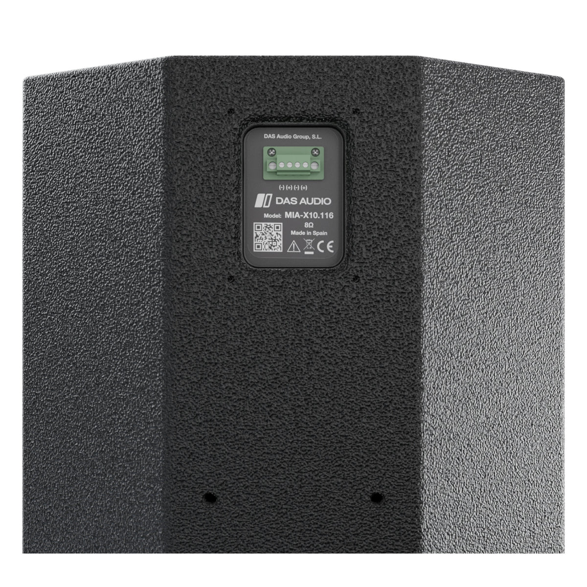 MIA-X10.116 8 ohm rear connector panel close-up with green four-pole screw terminal and compliance markings, DAS Audio