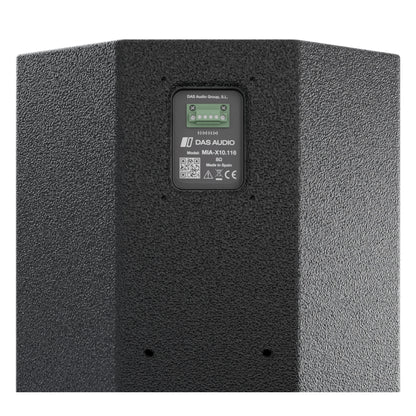 MIA-X10.116 8 ohm rear connector panel close-up with green four-pole screw terminal and compliance markings, DAS Audio