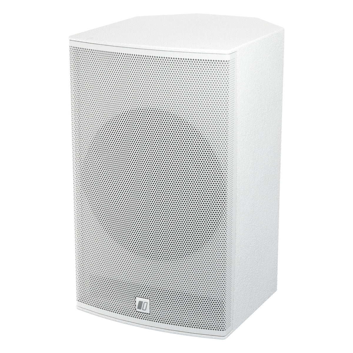 MIA-X10 10-inch coaxial install speaker three-quarter front view from the left showing perforated white grille and trapezoidal cabinet, DAS Audio