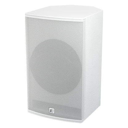 MIA-X10 10-inch coaxial install speaker three-quarter front view from the left showing perforated white grille and trapezoidal cabinet, DAS Audio