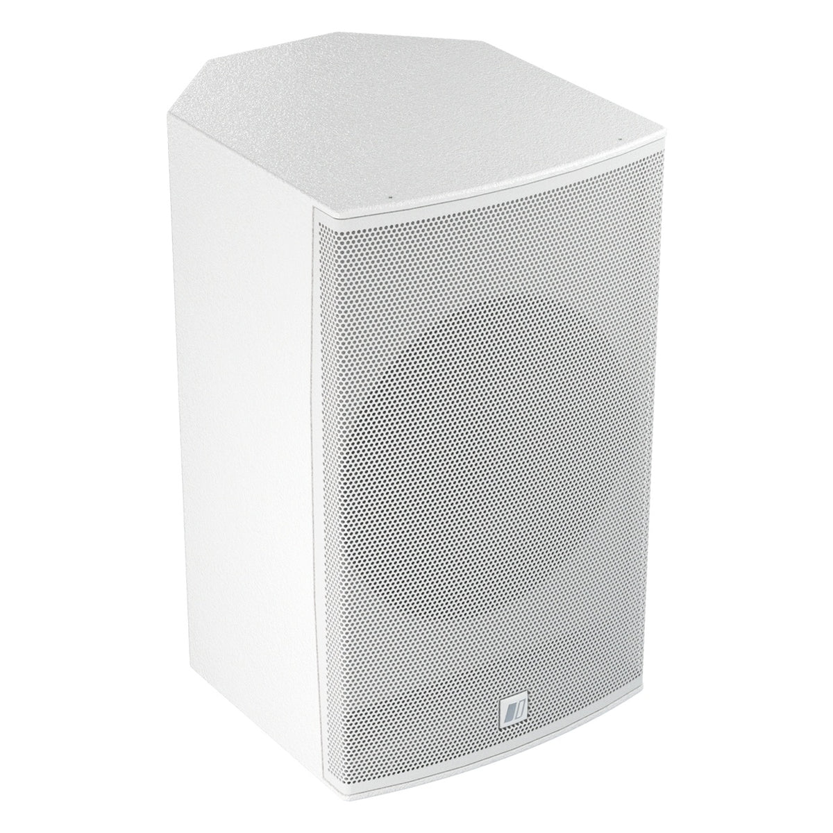 MIA-X10 10-inch coaxial install speaker three-quarter front view from the right showing white textured cabinet top and angled side, DAS Audio