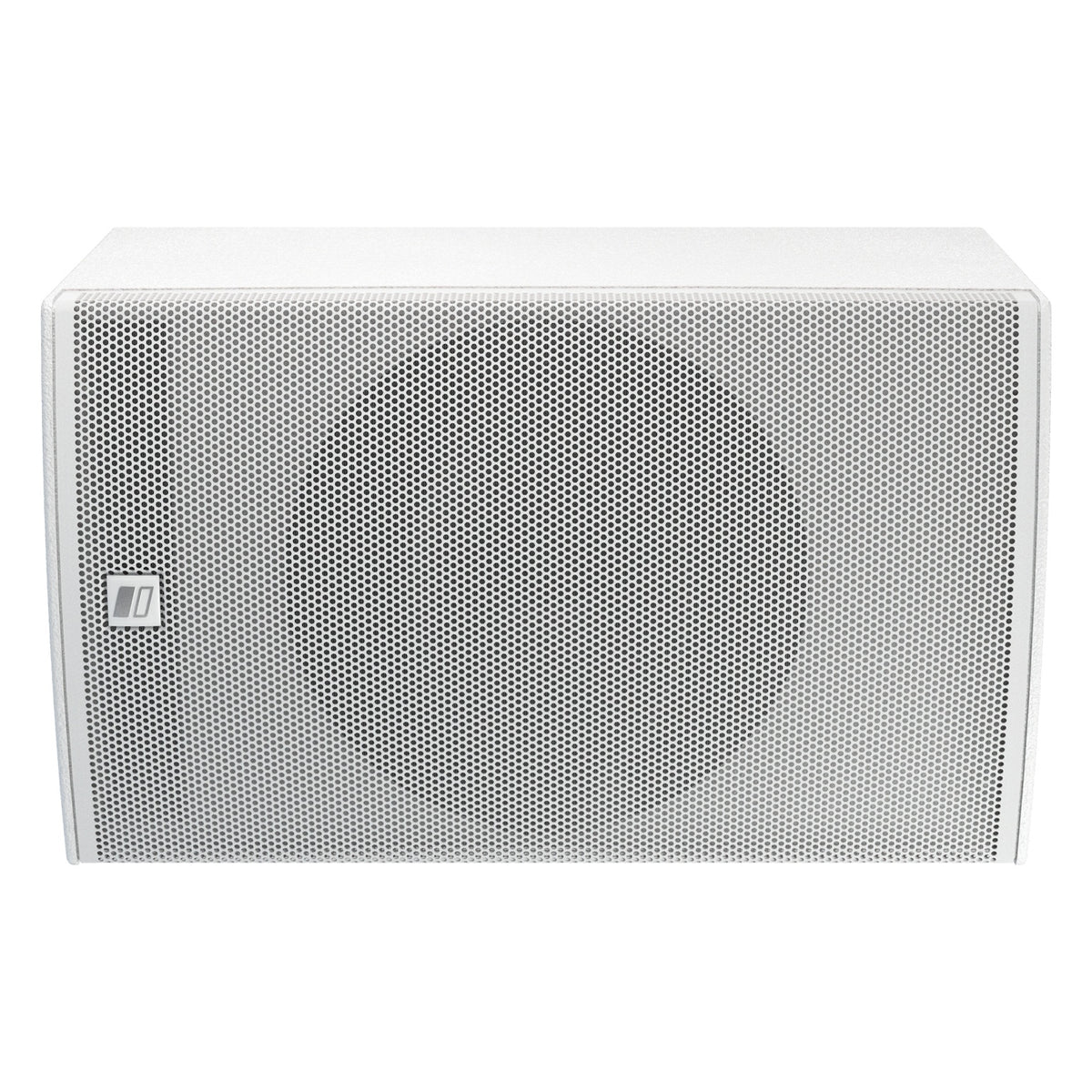 MIA-X10 10-inch install speaker in horizontal orientation with perforated white grille and logo badge on the left side, DAS Audio
