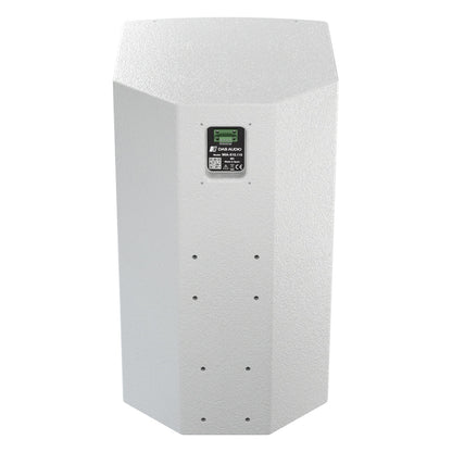 MIA-X10 rear view showing angled white textured cabinet, green terminal connector plate and rear mounting insert holes, DAS Audio