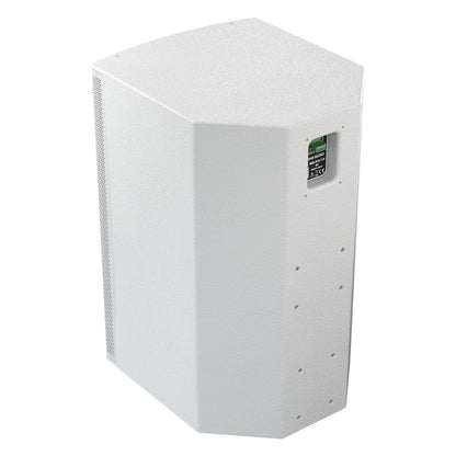 MIA-X10 rear three-quarter view showing recessed green terminal plate, angled rear panel and threaded mounting points on white cabinet, DAS Audio