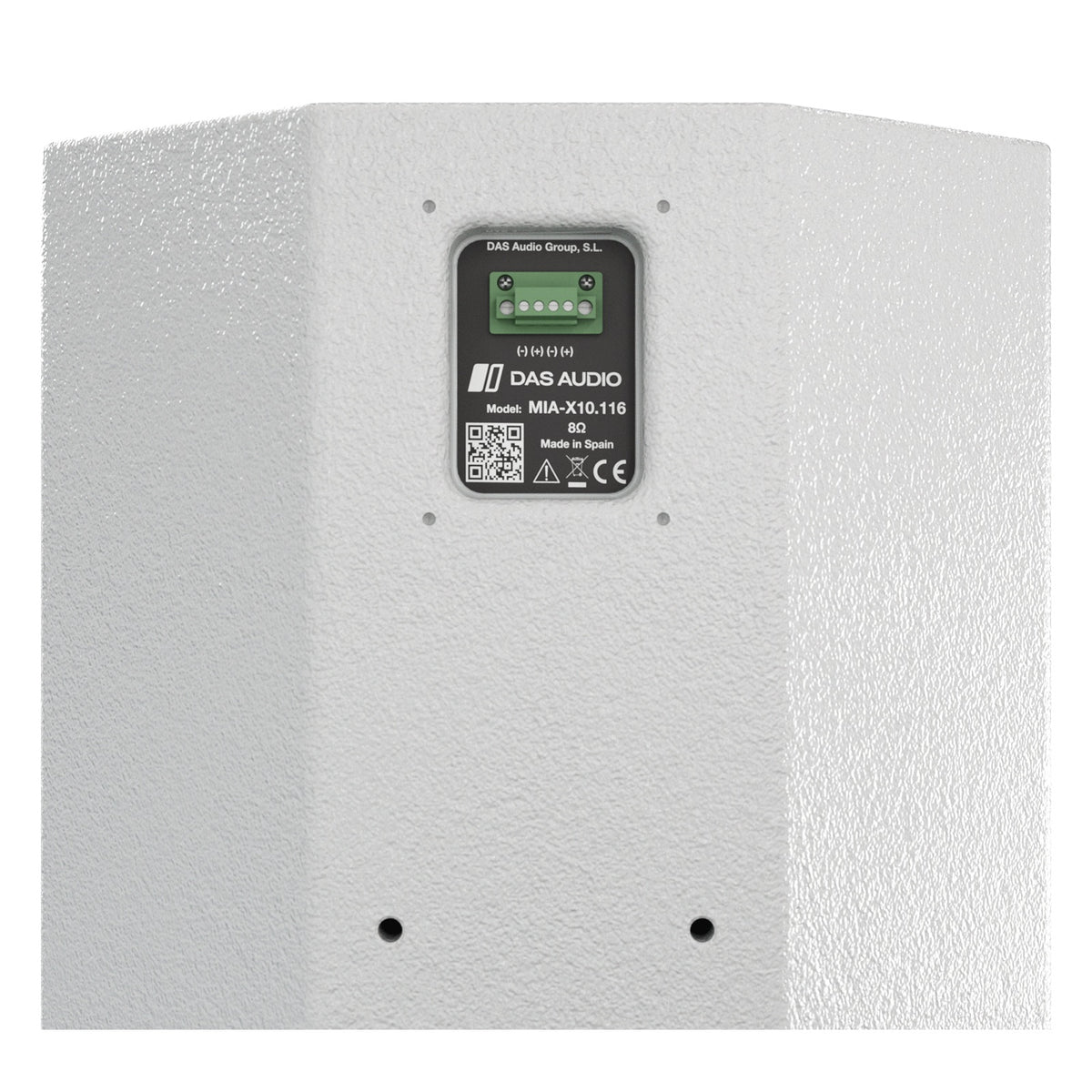 MIA-X10.116 rear connector plate close-up showing 5-pole green screw terminal block, 8 ohm rating, QR code and Made in Spain label, DAS Audio