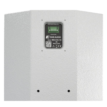 MIA-X10.116 rear connector plate close-up showing 5-pole green screw terminal block, 8 ohm rating, QR code and Made in Spain label, DAS Audio
