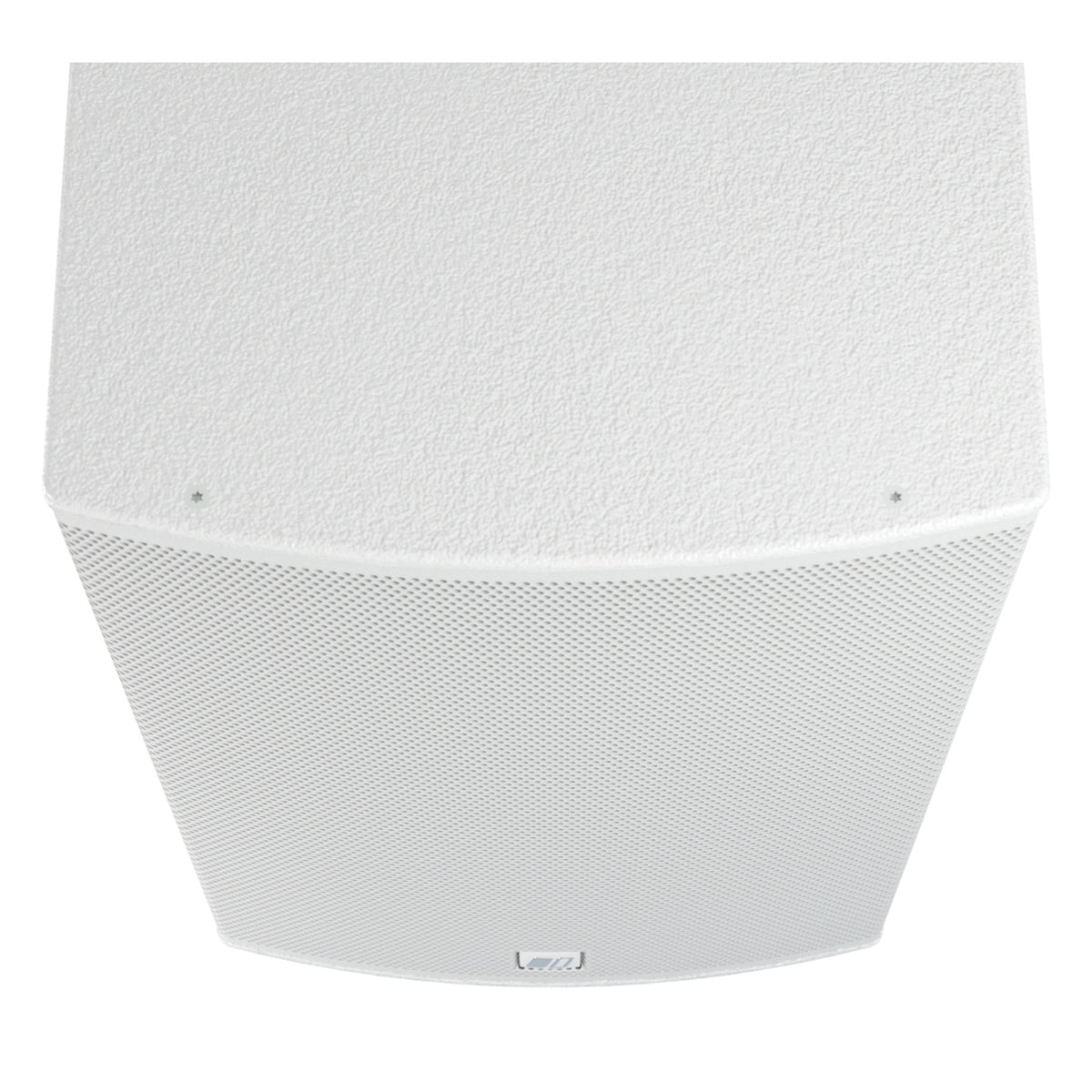 MIA-X10 top view detail of textured white cabinet top with curved front baffle, perforated grille and small logo badge, DAS Audio
