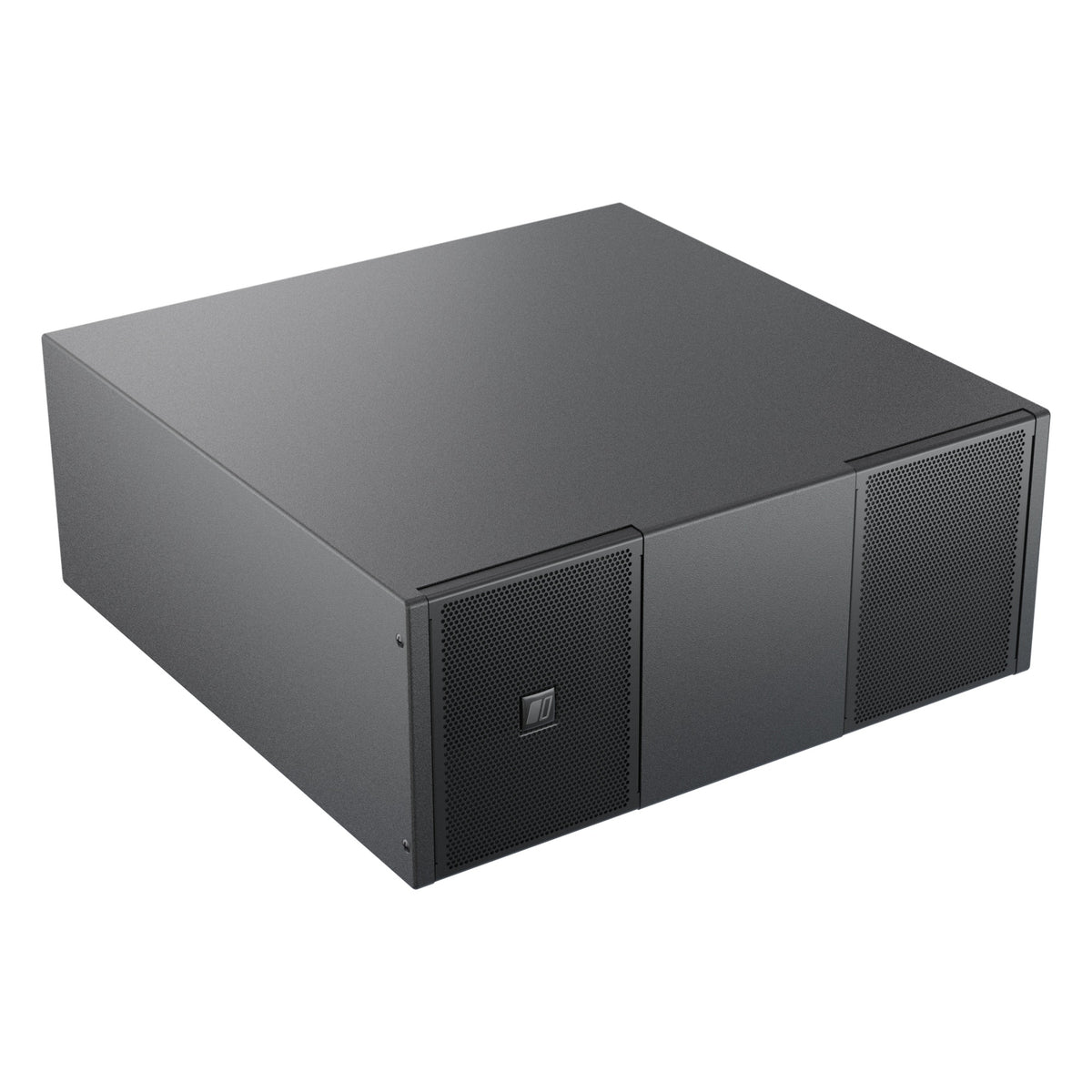Axw-Mia-S110 passive band-pass subwoofer front three-quarter view from the right showing black enclosure, side screws and perforated grilles, DAS Audio
