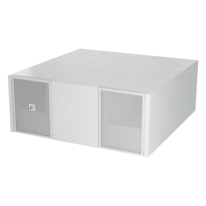 Axw-Mia-S110 white band-pass subwoofer three-quarter view from the left showing two perforated grille ports either side of a solid center panel, DAS Audio