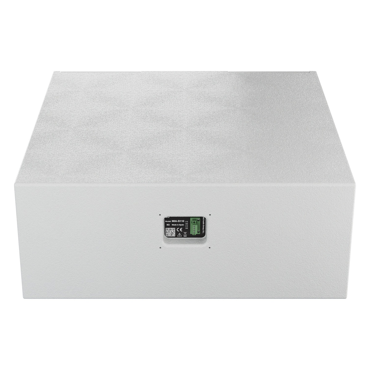 Axw-Mia-S110 white subwoofer rear view with recessed connector plate showing MIA-S110 label and green terminal block, DAS Audio