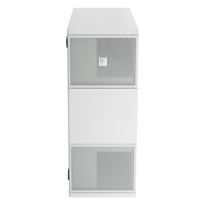 Axw-Mia-S110 white subwoofer side view in vertical orientation showing stacked perforated grille openings and center panel, DAS Audio