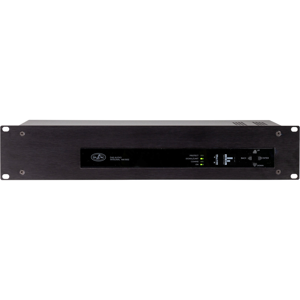 Integral-MA1002 front view of black 2U rack panel with PROTECT, SIGNAL/LIMIT, COMMS and ON indicators and Up, Down, Back, Enter navigation buttons, DAS Audio