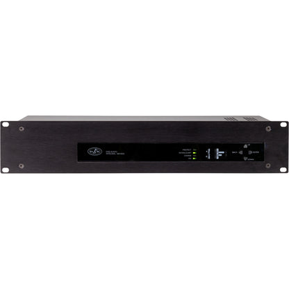 Integral-MA1002 front view of black 2U rack panel with PROTECT, SIGNAL/LIMIT, COMMS and ON indicators and Up, Down, Back, Enter navigation buttons, DAS Audio