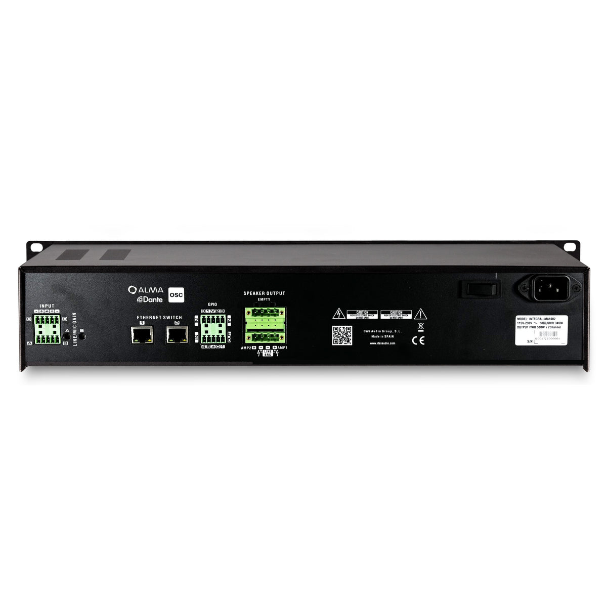 Integral-MA1002 rear panel showing Euroblock input, dual Ethernet switch ports with Dante, GPIO, speaker output connector and IEC power inlet, DAS Audio