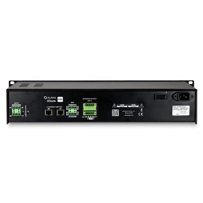 Integral-MA1502 rear panel showing Euroblock inputs, dual Ethernet switch ports with Dante, GPIO, speaker output terminals and IEC power inlet, DAS Audio