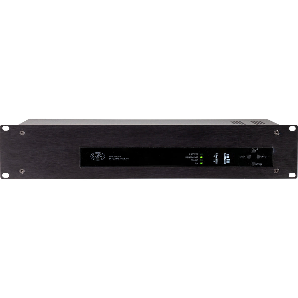 Integral-MA2004 front view of 2U rack-mount matrix amplifier with LED indicators, level meters and navigation buttons, DAS Audio