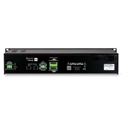Integral-MA2004 rear panel showing Euroblock inputs, dual Ethernet switch ports for Dante, GPIO, speaker outputs and IEC mains inlet, DAS Audio