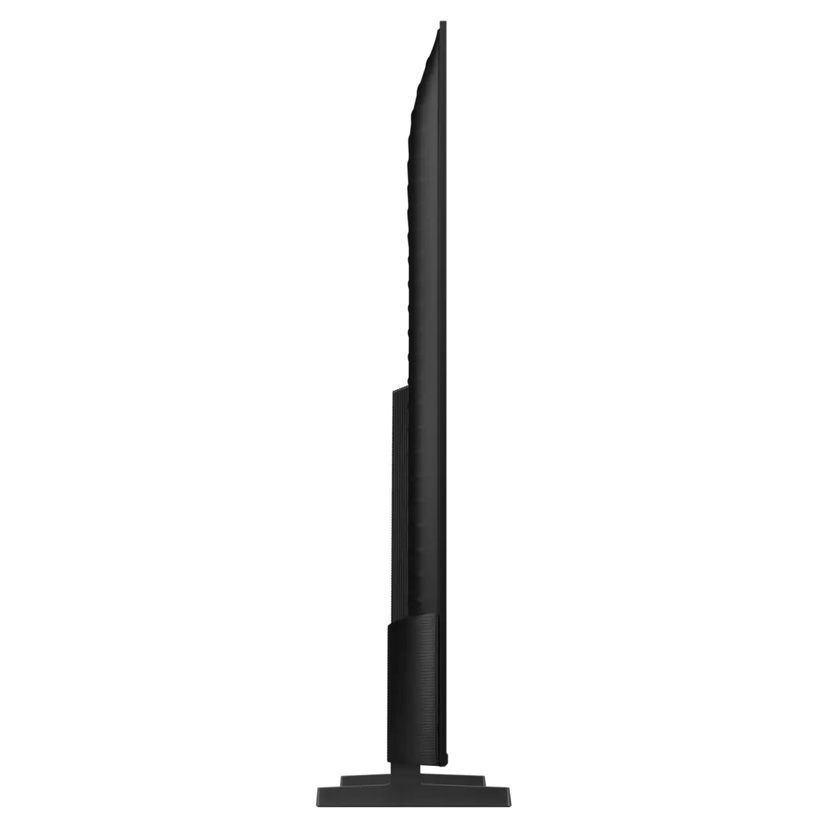 M80H 55-inch Mini LED TV side profile showing slim panel depth and central stand neck on base, Samsung