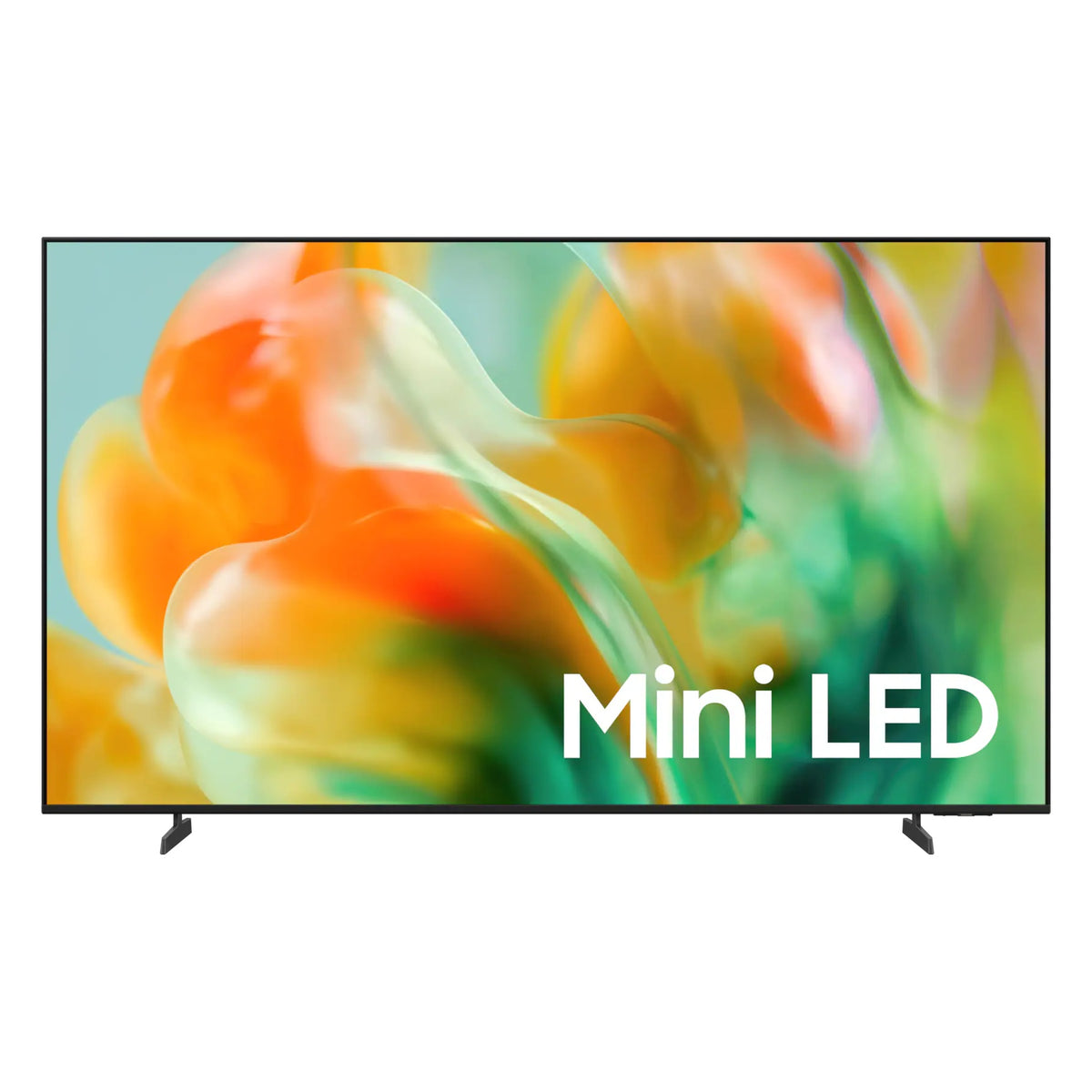 65" M80H Mini LED TV front view with colorful orange and green abstract artwork and Mini LED text on screen, two angled feet, Samsung