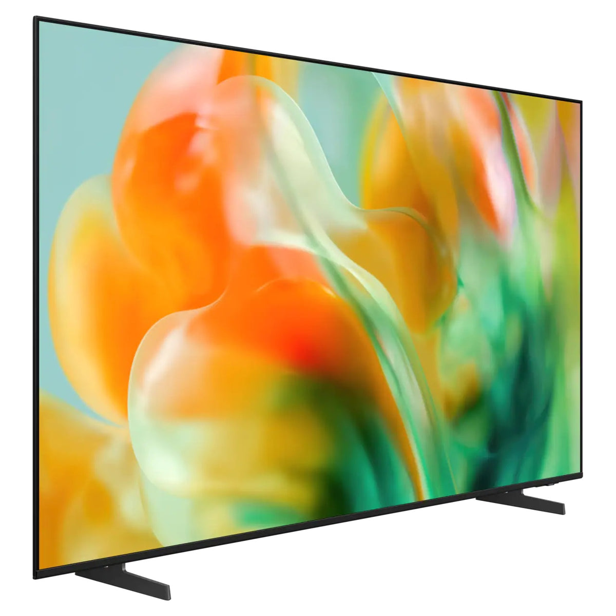 M80H 85" 4K Mini LED TV angled three-quarter view showing thin bezel and two-leg stand with vivid abstract display, Samsung