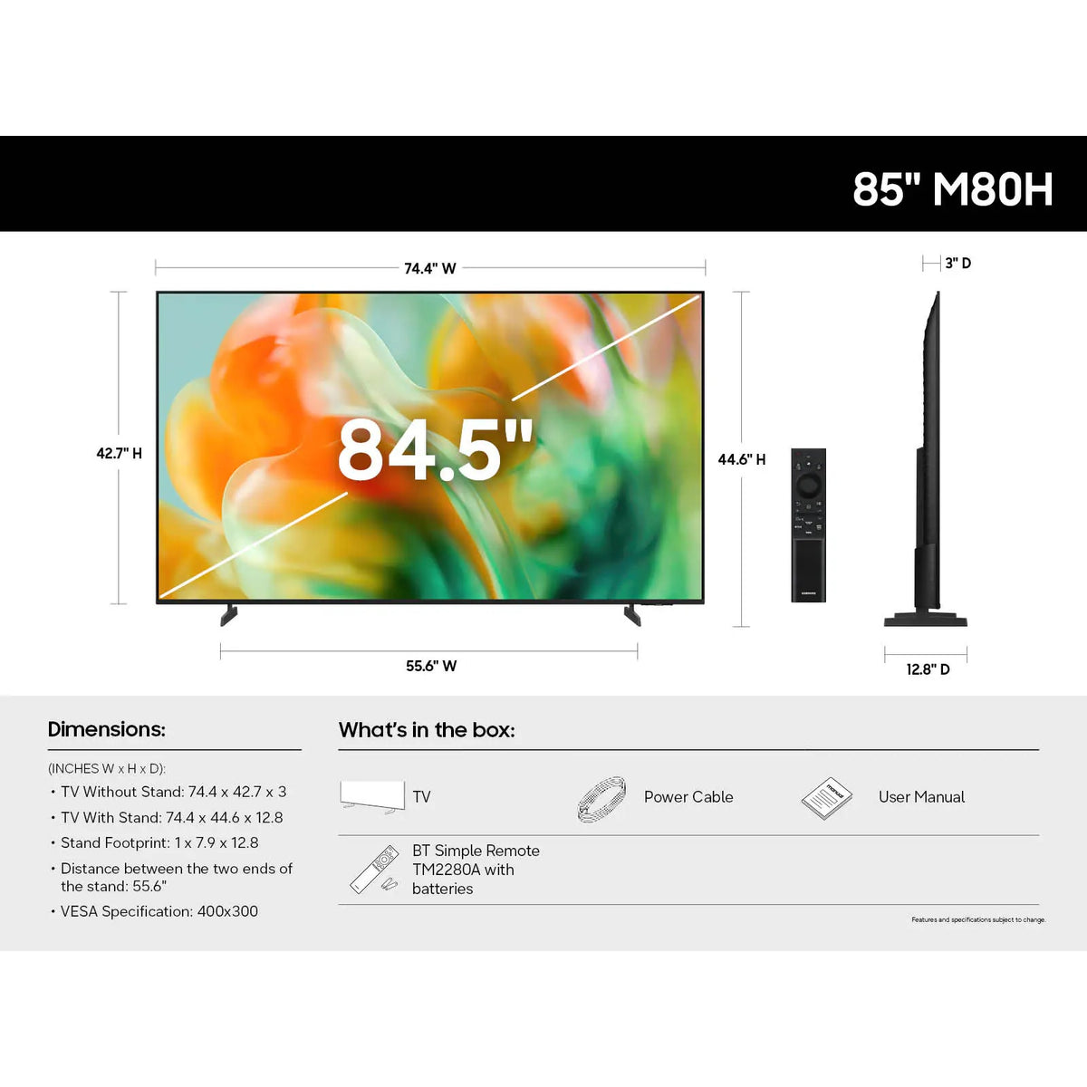 M80H 85" 4K Mini LED TV dimensions diagram with 84.5" screen size, 74.4" width, stand measurements and in-the-box contents including remote, power cable and manual, Samsung