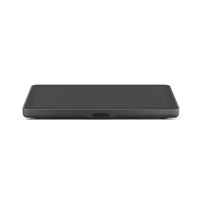 Tap IP low side view, dark touchscreen powered off with a rounded slot centered on the front edge, Logitech