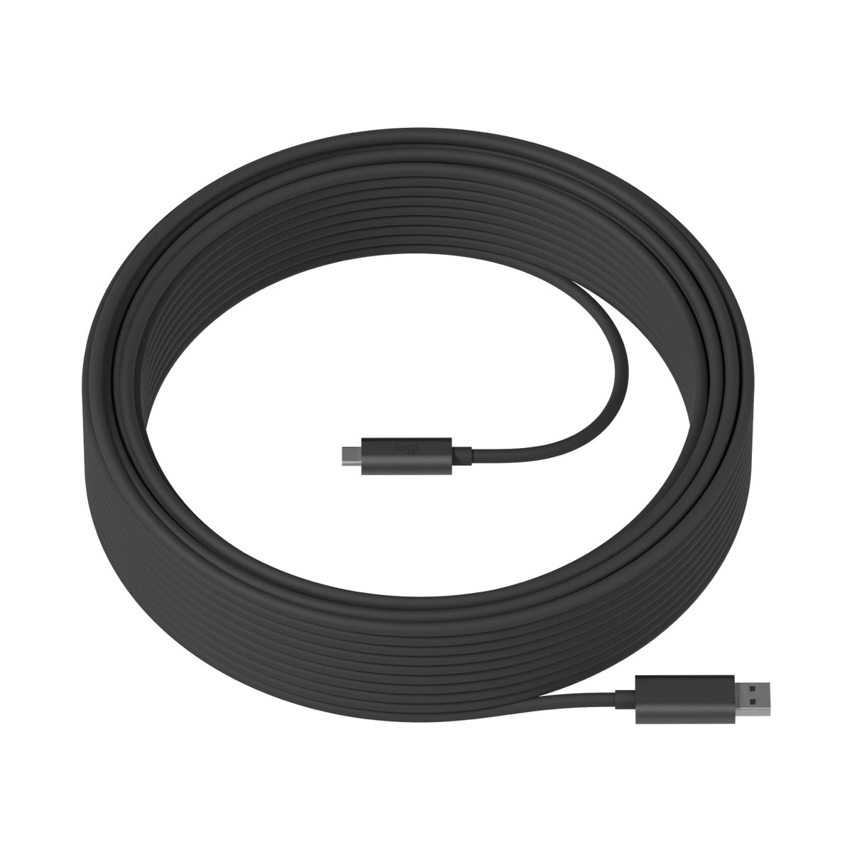 939-001799 coiled with USB-C connector inside the loop and USB-A plug at lower right, Logitech