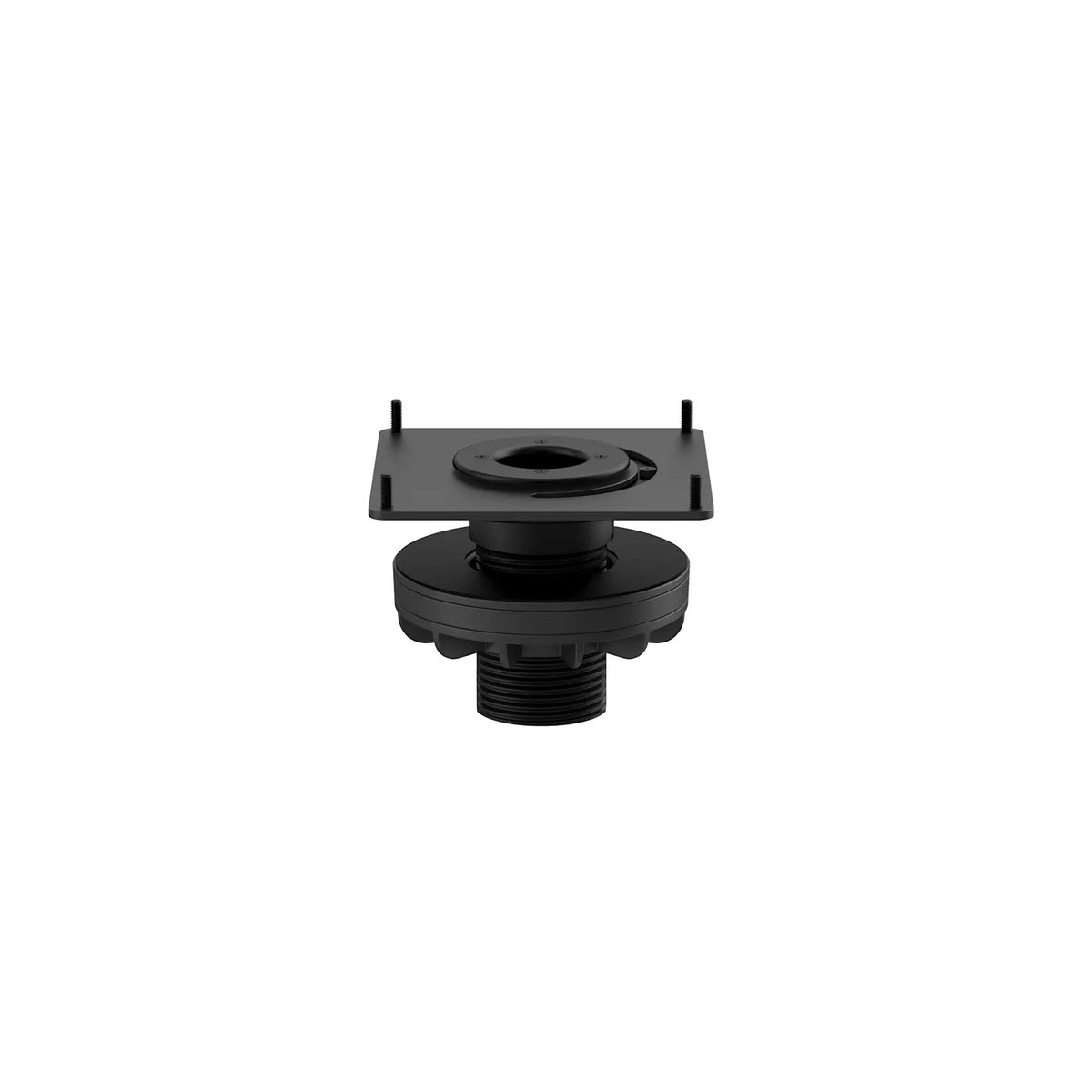 Tap table mount, angled view of square top plate with four studs, center cable opening, and threaded black base, Logitech
