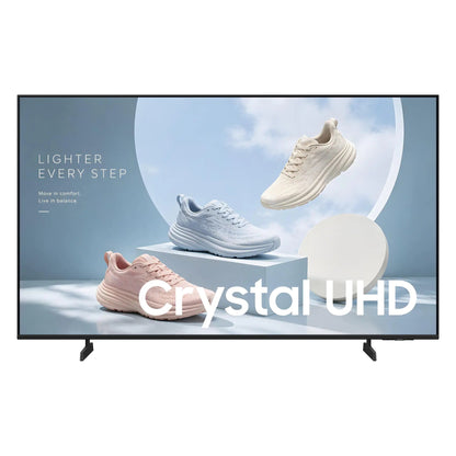 BE75HX-H 75" business display front view with Crystal UHD logo overlaid on sneaker signage content, Samsung