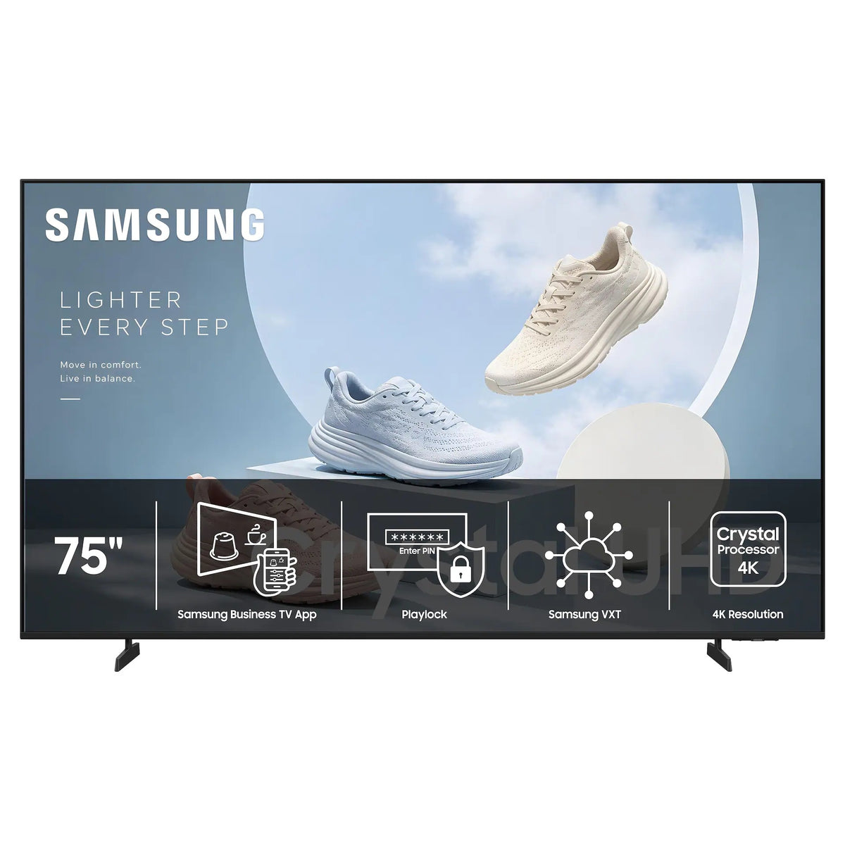 BE75HX-H 75" business display front view with feature bar listing Samsung Business TV App, Playlock, Samsung VXT and Crystal Processor 4K resolution, Samsung