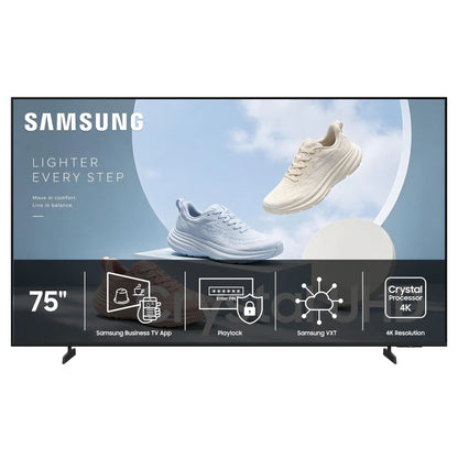 BE75HX-H 75" business display front view with feature bar listing Samsung Business TV App, Playlock, Samsung VXT and Crystal Processor 4K resolution, Samsung