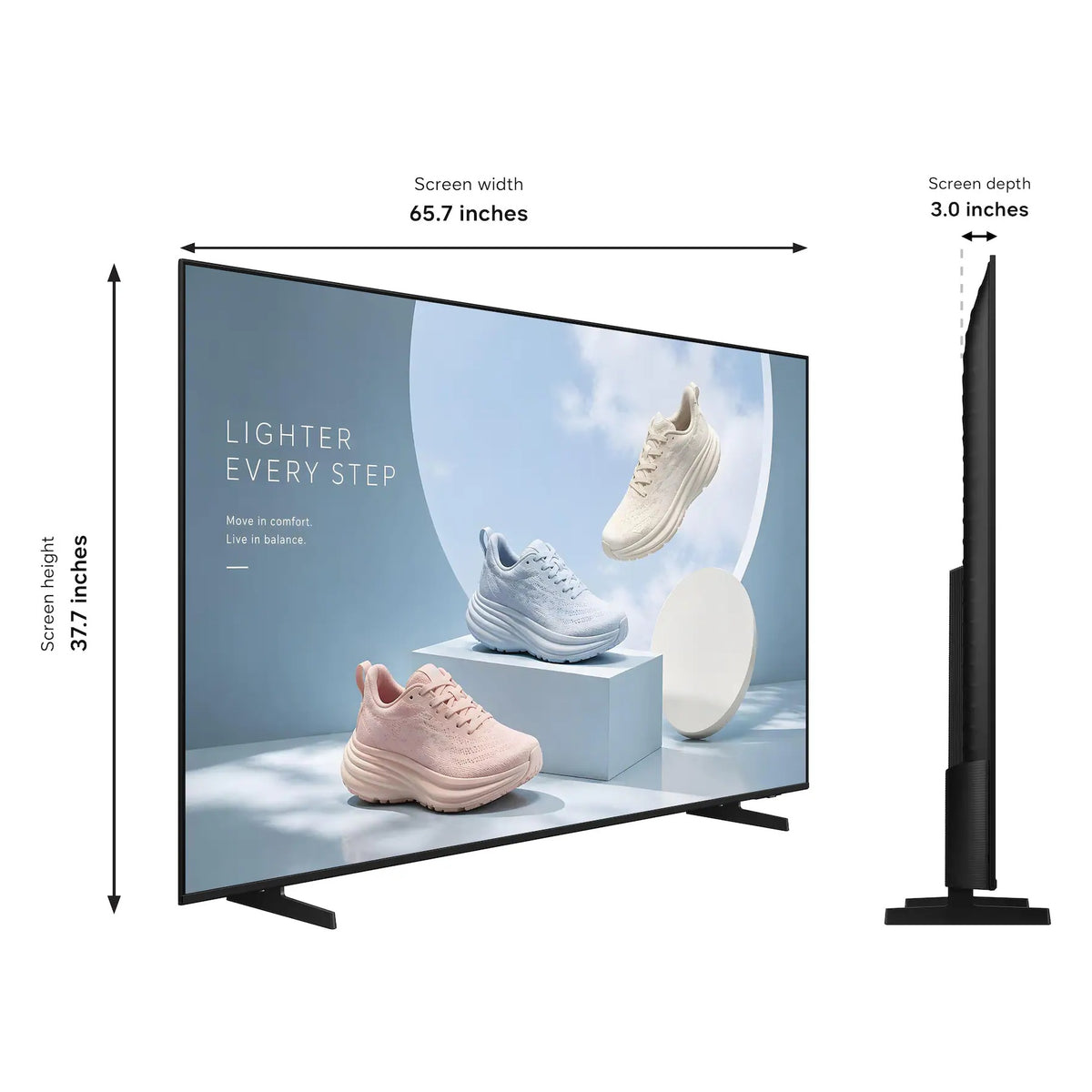 BE75HX-H 75" business display dimensions diagram showing 65.7 inch screen width, 37.7 inch screen height and 3.0 inch depth, Samsung