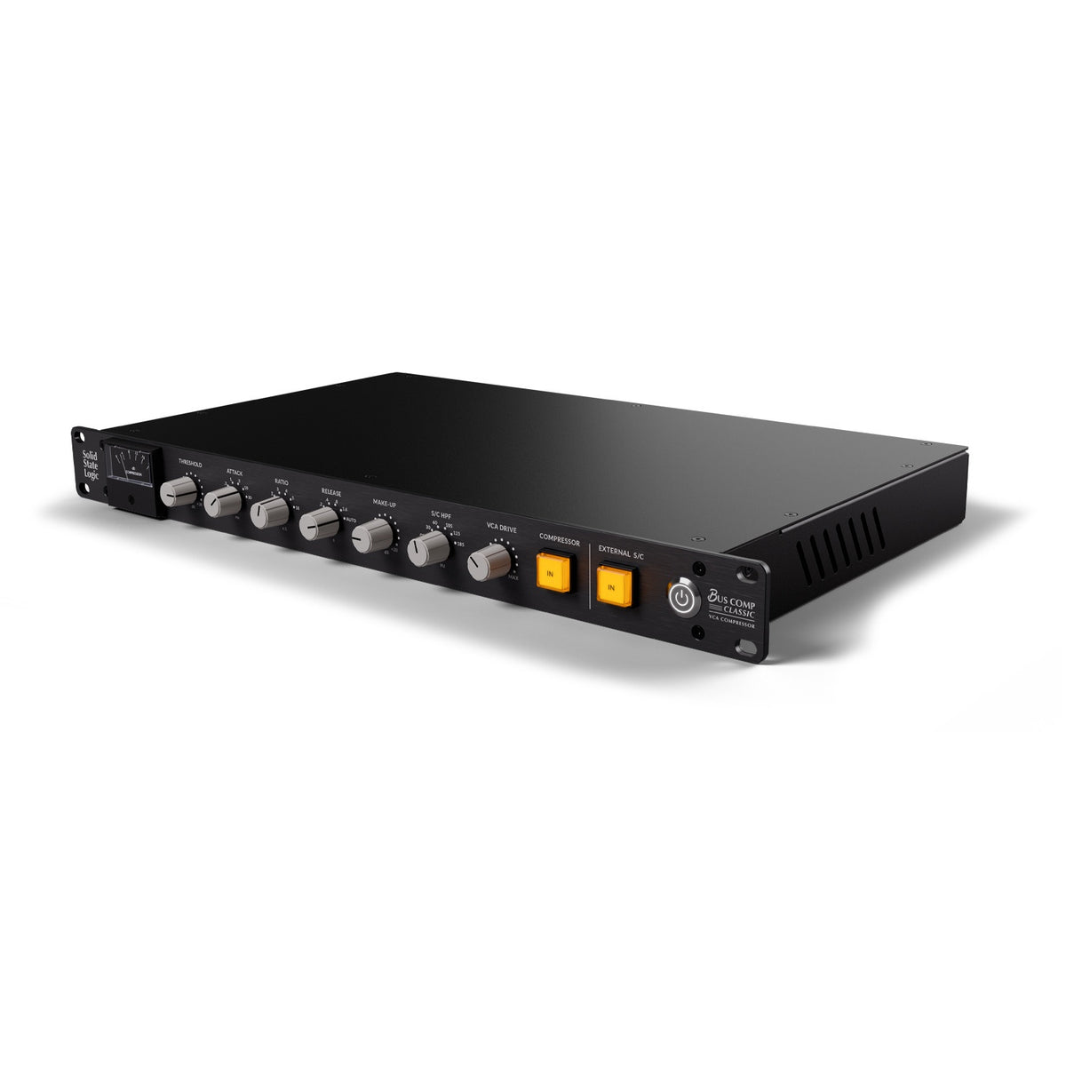 Bus Comp Classic 1U stereo bus compressor front panel angled view with VU meter, threshold, attack, ratio, release and VCA drive knobs plus yellow IN switches, Solid State Logic